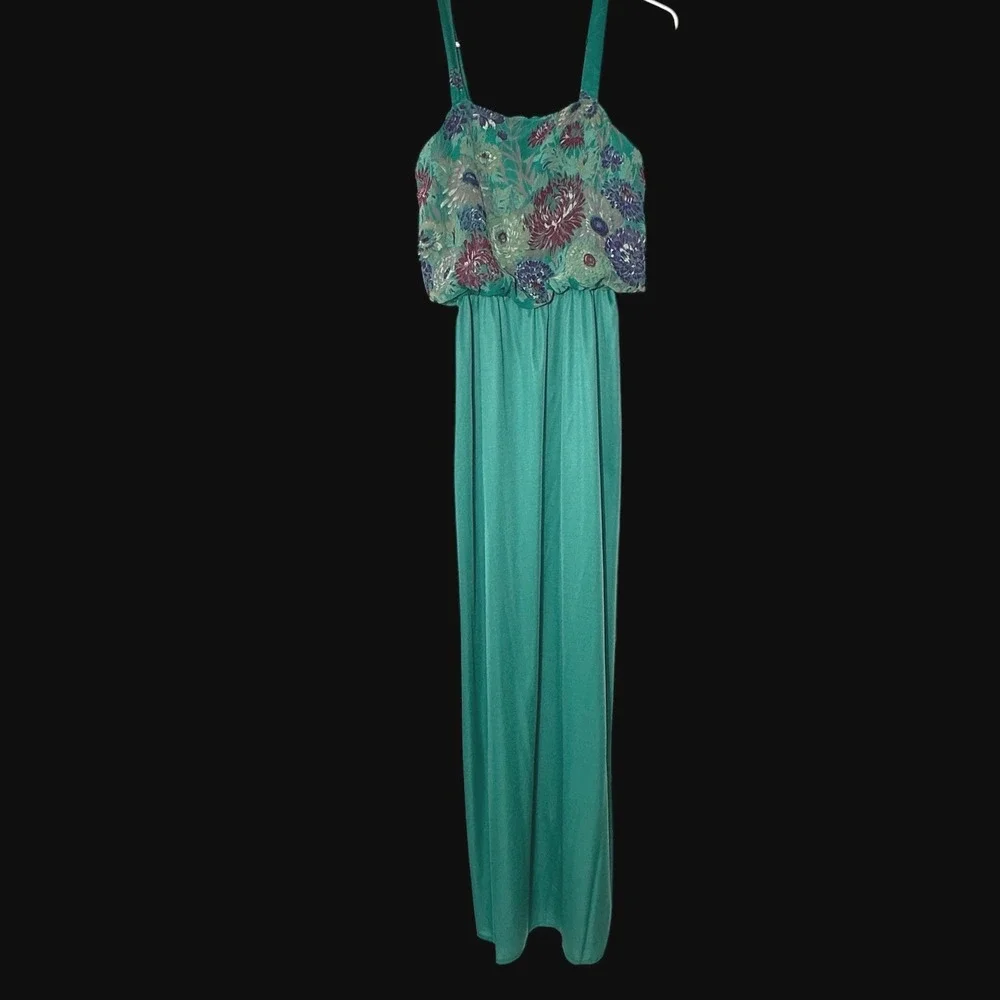 Vintage 70s Teal Floral Maxi Dress & Kimono Set ILGWU Made in USA Size 10